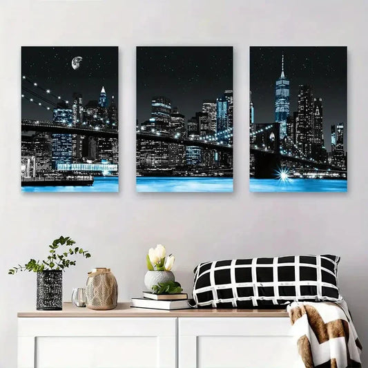 3pcs Black White New York City Night with Star Metal Print Ready to Hang Art