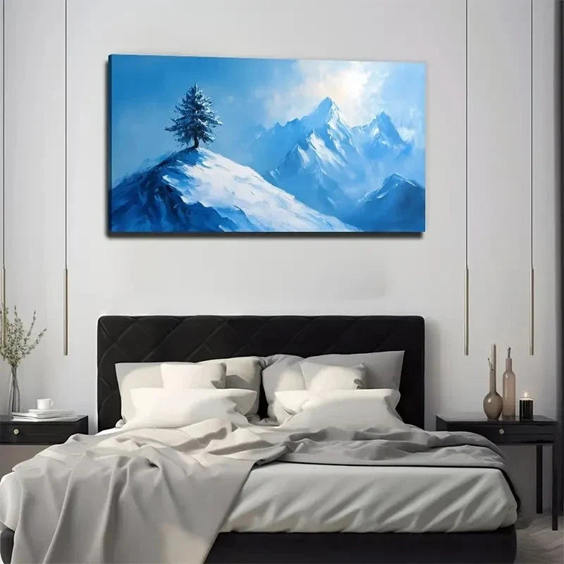 Snowy Peaks Painting In Blue Wall Art Canvas Office Home Room Framed 120x60cm