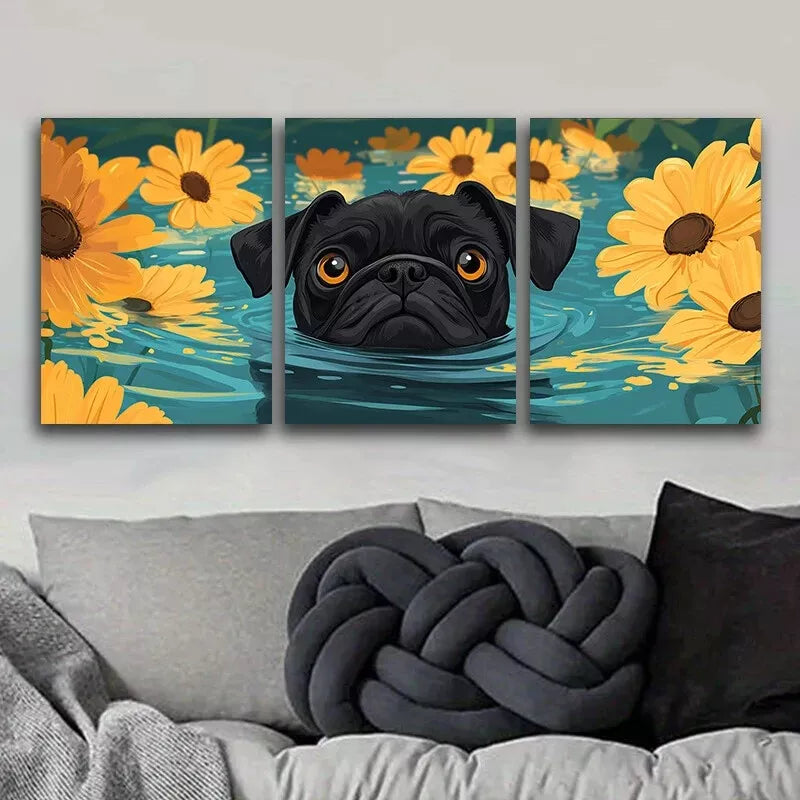 3pcs  Cute Pug Swimming In Water Nature Wall Art Set Canvas Framed 40x60cm - High Quality Print 100% Australian Made Wall Canvas Ready to Hang