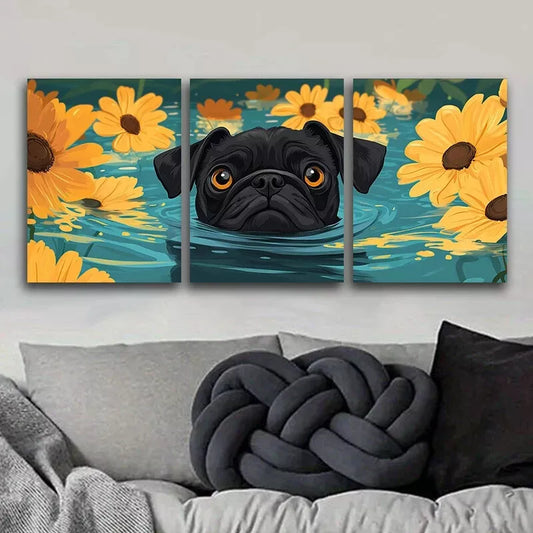 3pcs  Cute Pug Swimming In Water Nature Wall Art Set Canvas Framed 40x60cm - High Quality Print 100% Australian Made Wall Canvas Ready to Hang