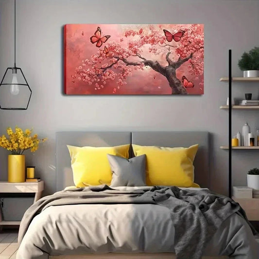 Cherry Blossom Butterfly Scene Wall Art Canvas Office Home Room Framed 120x60cm