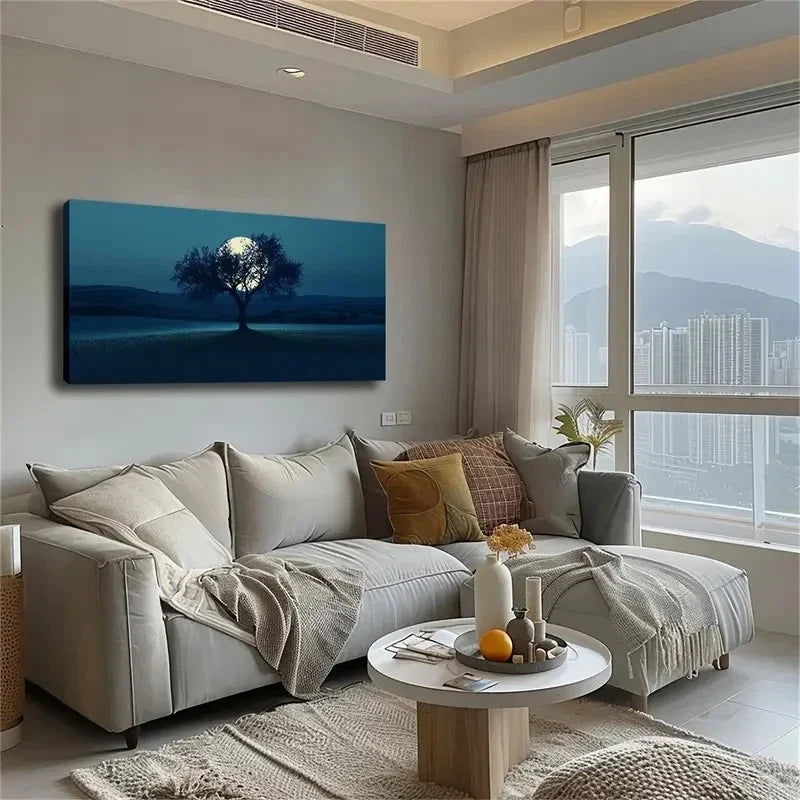 Moonlit Tree In Open Field Wall Art Canvas Office Home Room Framed 120x60cm