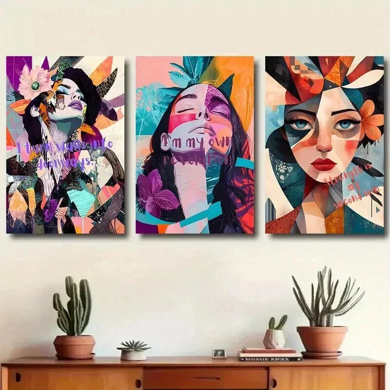 3pcs Abstract Geometric Woman Portrait Wall Art Set Canvas Framed 40x60cm - High Quality Print 100% Australian Made Wall Canvas Ready to Hang