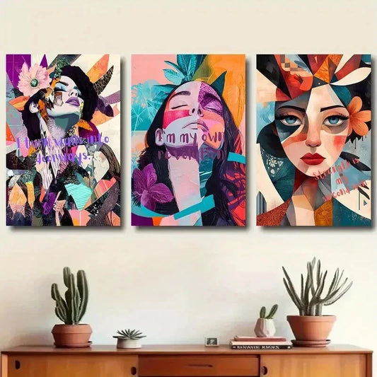 3pcs Abstract Geometric Woman Portrait Wall Art Set Canvas Framed 40x60cm - High Quality Print 100% Australian Made Wall Canvas Ready to Hang