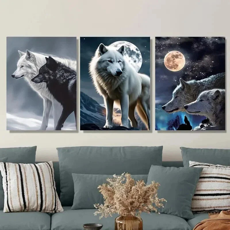 3pcs Wolf Triptych Moonlit Night Sky Metal Print Ready to Hang Art