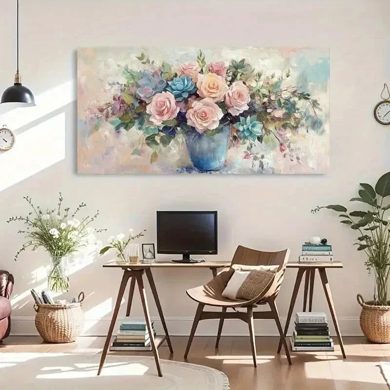 Vibrant Roses & Succulents Wall Art Canvas Office Home Room Framed 120x60cm