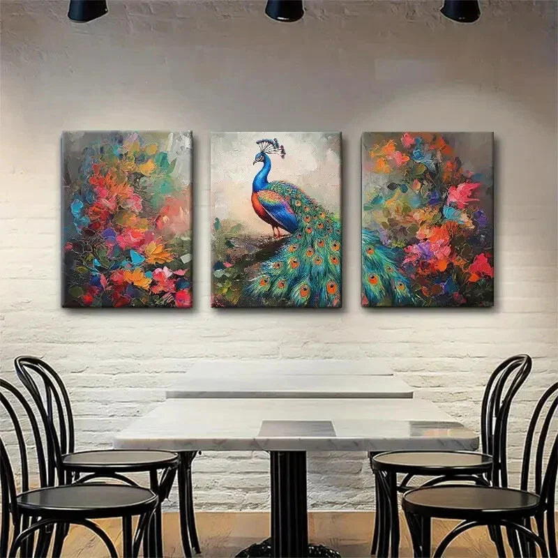 3pcs Colorful Peacock and Floral Plumage Perfect Wall Art Set Canvas Framed 40x60cm - High Quality Print 100% Australian Made Wall Canvas Ready to Hang