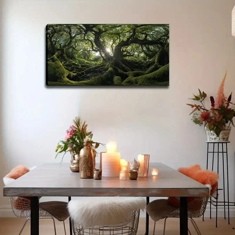 Sunlit Forest Scene Twisted Wall Art Canvas Office Home Room Framed 120x60cm