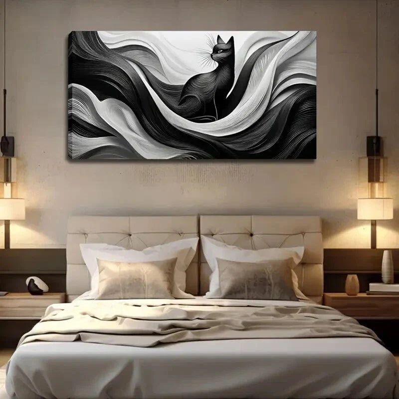 Smooth Line Style Of Black Cat Wall Art Canvas Office Home Room Framed 120x60cm