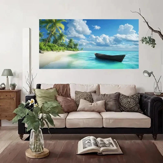 Turquoise Ocean Palm Trees Boat Wall Art Canvas Office Home Room Framed 80x45cm