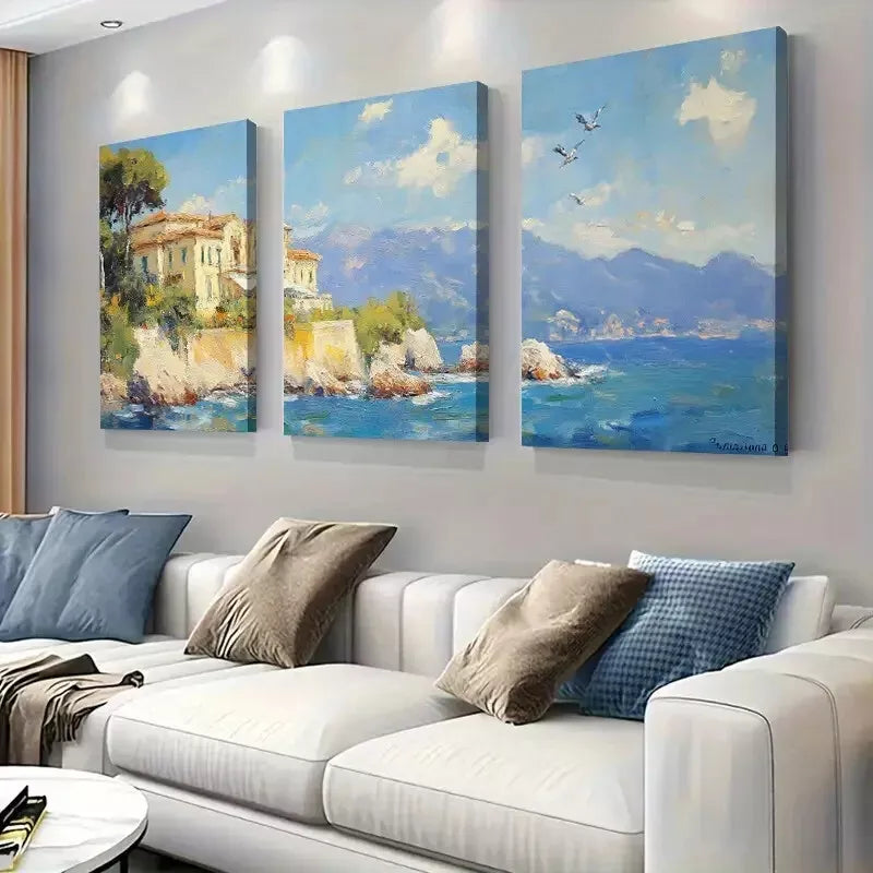 3pcs Modern Mediterranean Coastal Villa Wall Art Set Canvas Framed 40x60cm - High Quality Print 100% Australian Made Wall Canvas Ready to Hang