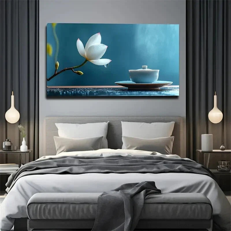Serene Blue & White Floral Wall Art Canvas Office Home Room Framed 120x60cm
