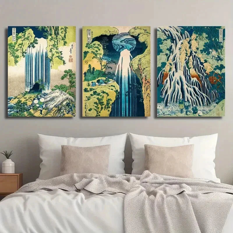 3pcs Vintage Japanese Hokusai Landscape Wall Art Set Canvas Framed 40x60cm - High Quality Print 100% Australian Made Wall Canvas Ready to Hang