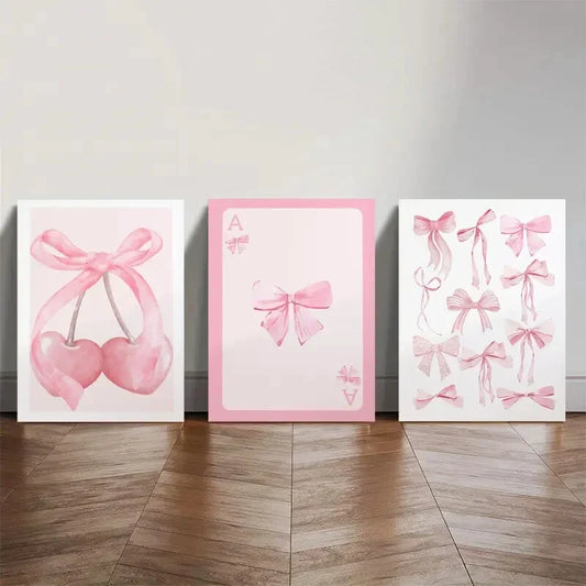 3pcs Trendy Pink Bows Wall Art Set Canvas Framed 40x60cm - High Quality Print 100% Australian Made Wall Canvas Ready to Hang
