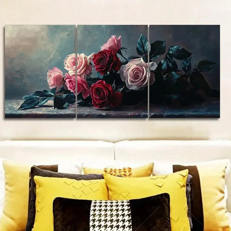 3pcs Oil painting pink and white rose Metal Print Ready to Hang Art