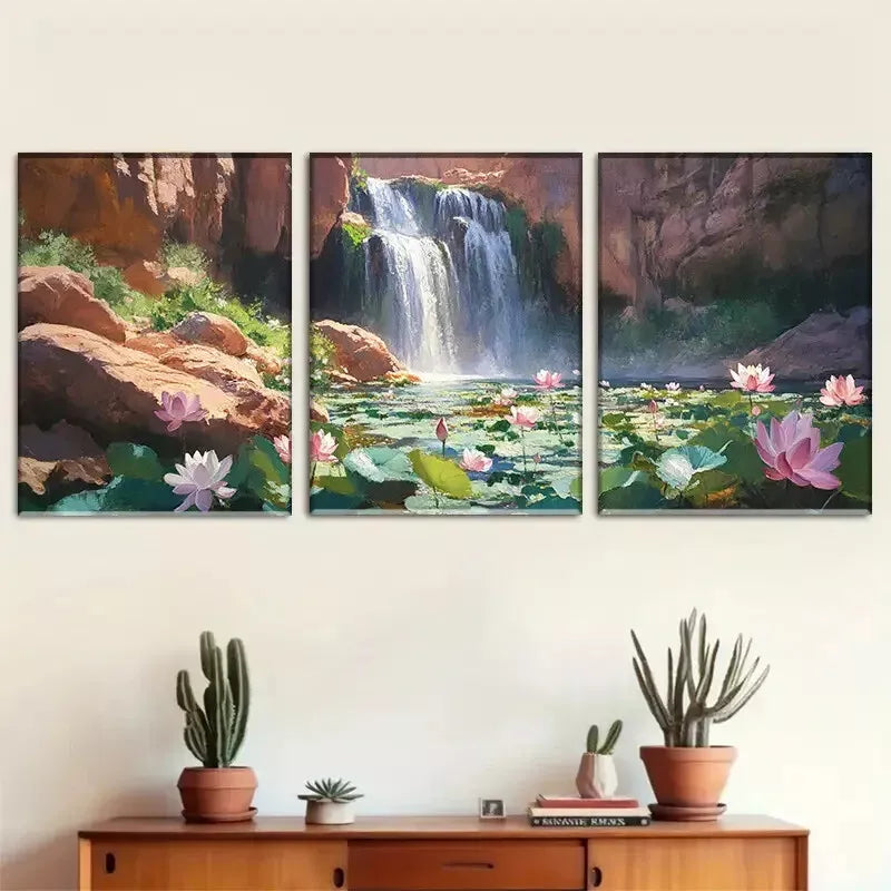 3pcs  Natural Waterfall and Lotus Landscape Wall Art Set Canvas Framed 40x60cm - High Quality Print 100% Australian Made Wall Canvas Ready to Hang