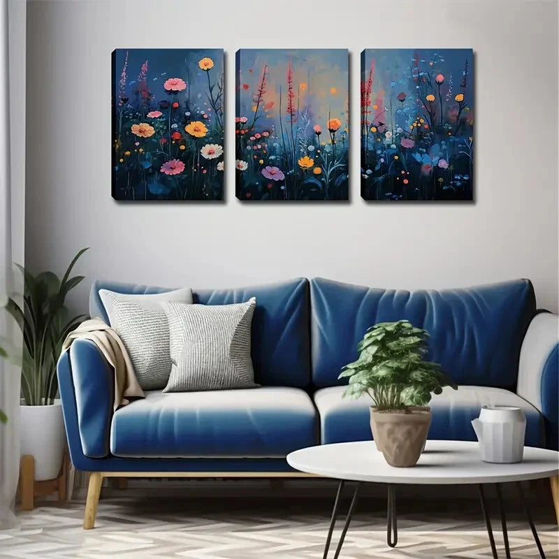 3pcs Multi-Color Flowers Bloom Night Perfect Wall Art Set Canvas Framed 40x60cm - High Quality Print 100% Australian Made Wall Canvas Ready to Hang