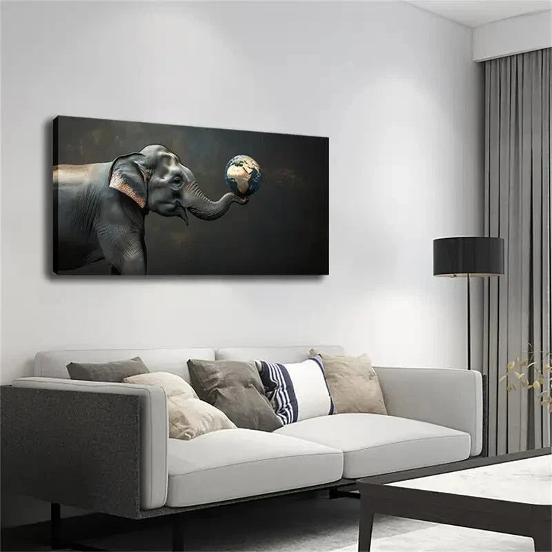 Abstract Elephant Globe Décor Wall Art Canvas Office Home Room Framed 80x45cm