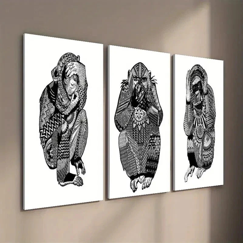 3pcs Three Little Wise Monkeys Wall Art Set Canvas Framed 40x60cm - High Quality Print 100% Australian Made Wall Canvas Ready to Hang