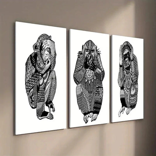 3pcs Three Little Wise Monkeys Wall Art Set Canvas Framed 40x60cm - High Quality Print 100% Australian Made Wall Canvas Ready to Hang