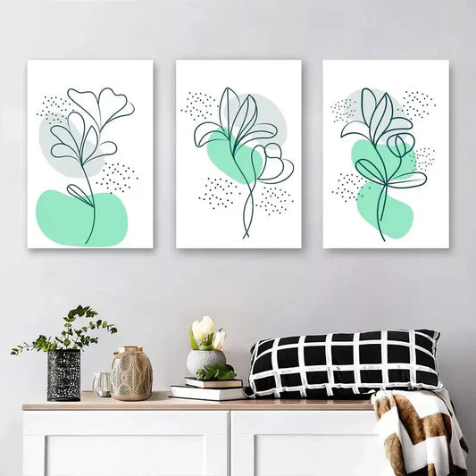 3pcs Minimalist Floral Line Green & Mint Nature Metal Print Ready to Hang Art