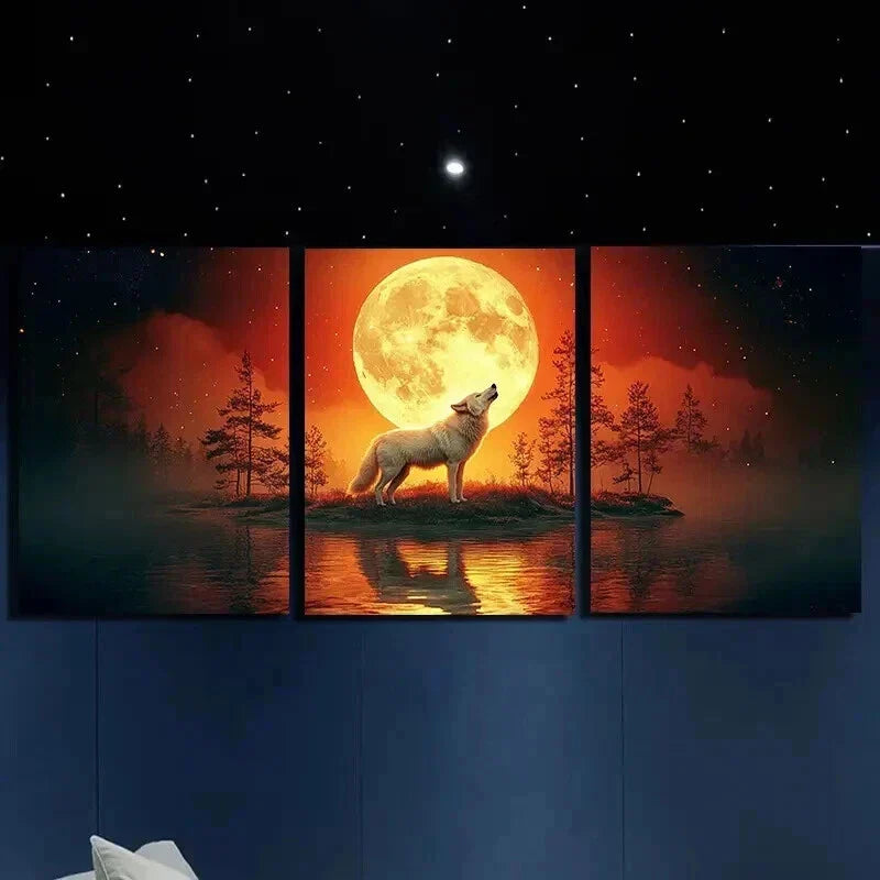 3pcs Howling Wolf on Moonlit Night Wall Art Set Canvas Framed 40x60cm - High Quality Print 100% Australian Made Wall Canvas Ready to Hang