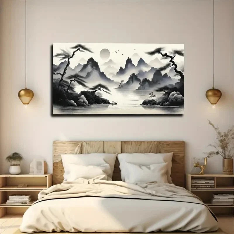 Chinese Landscape Wall Art Canvas Office Home Room Framed 80x45cm