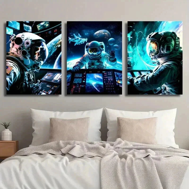 3pcs Astronauts at a Space Station Wall Art Set Canvas Framed 40x60cm - High Quality Print 100% Australian Made Wall Canvas Ready to Hang