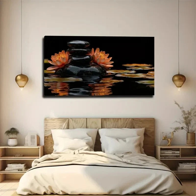 Stacked Black Stones & Blooming Wall Art Canvas Office Home Room Framed 120x60cm
