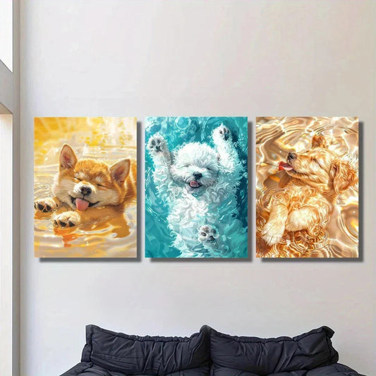 3pcs Puppy in Water Funny Dog Happy Life Metal Print Ready to Hang Art