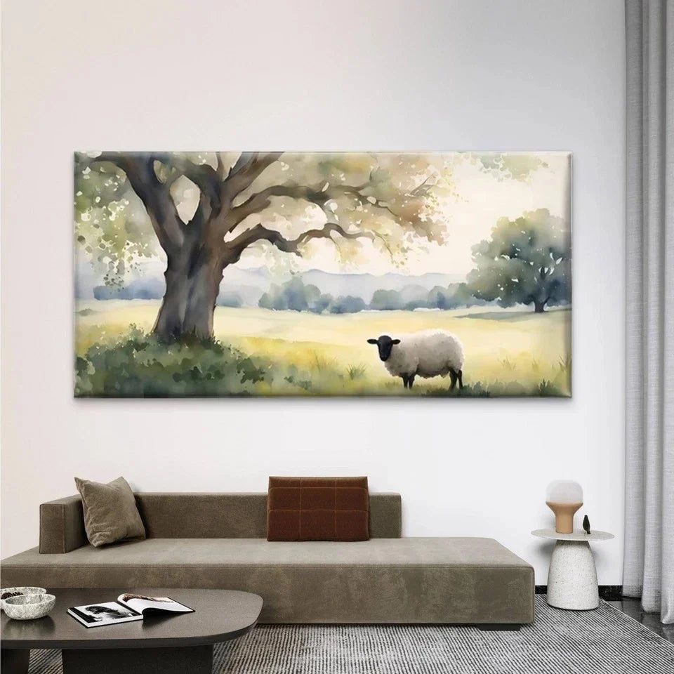 Sheep Under Tree Meadow Wall Art Canvas Office Home Room Framed 80x45cm