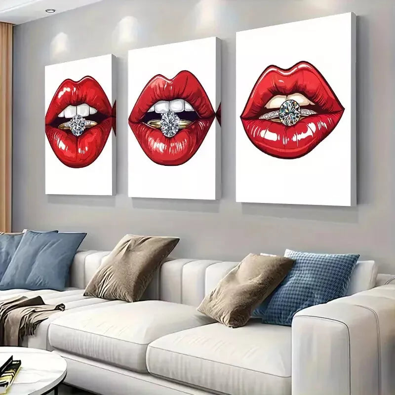 3pcs  Glamorous Red Lips with Diamond Ring Wall Art Set Canvas Framed 40x60cm - High Quality Print 100% Australian Made Wall Canvas Ready to Hang
