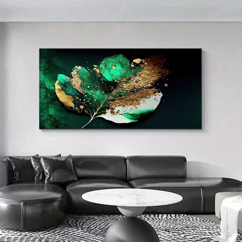 Golden-Painted Green Leaf Wall Art Canvas Office Home Room Framed 120x60cm
