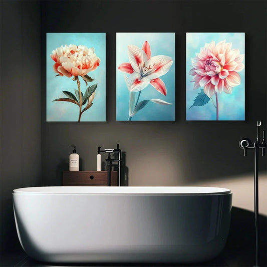 3pcs Blooming Beautiful Flowers Metal Print Ready to Hang Art