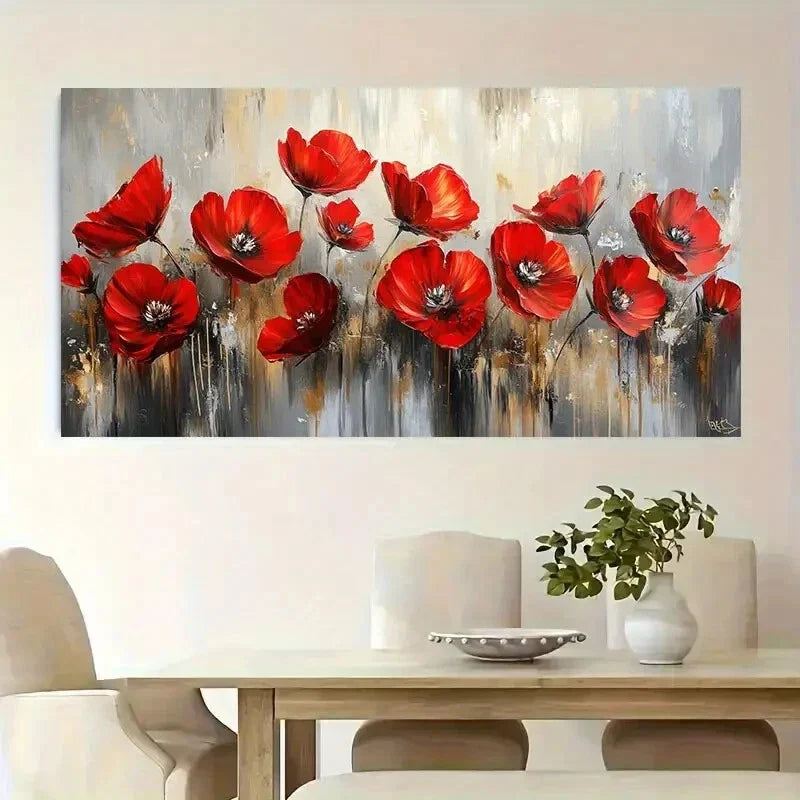 Golden Vibrant Red Poppy Wall Art wall canvas office home room framed 120x60cm