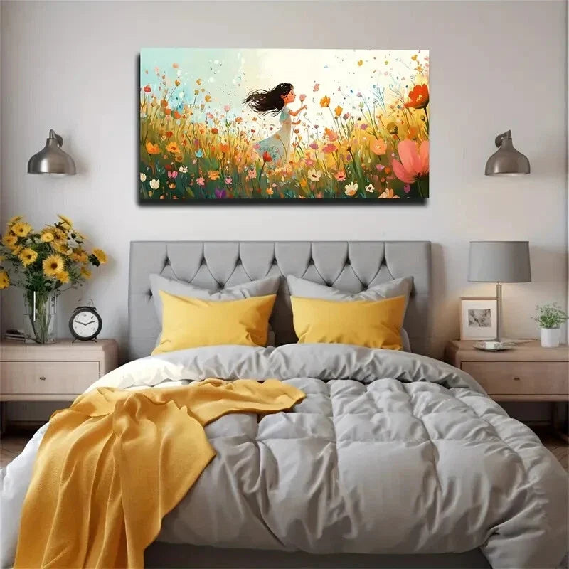 Vibrant Floral Scene of Girl Wall Art Canvas Office Home Room Framed 120x60cm