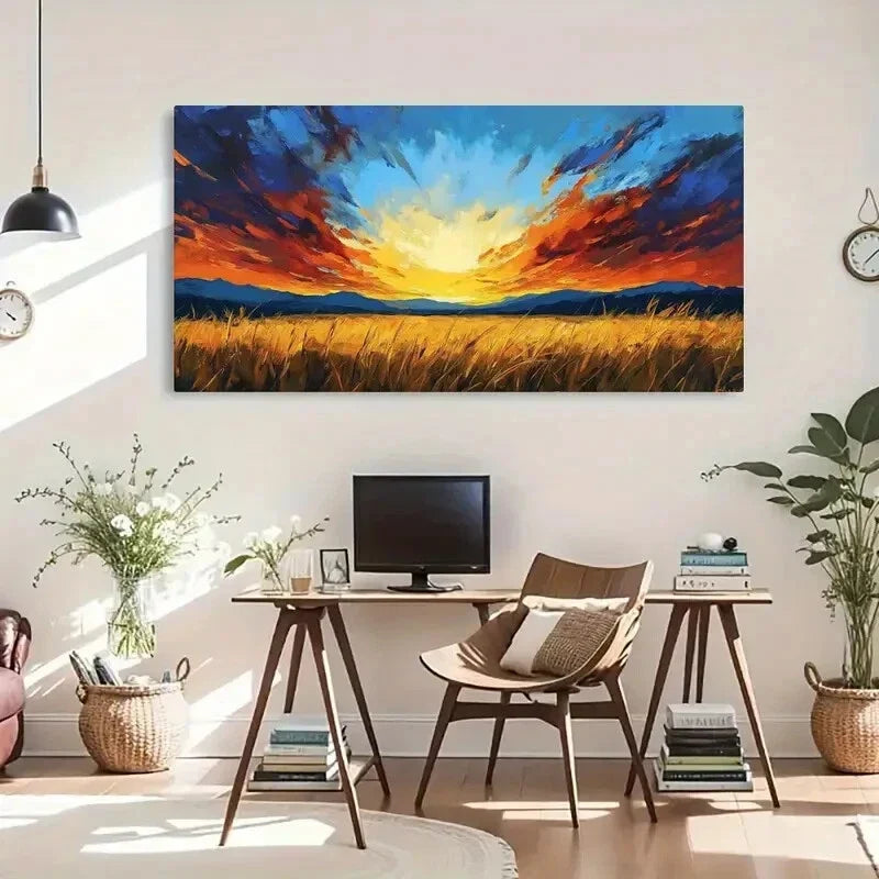 Vibrant Sunset Landscape Fields Wall Art Canvas Office Home Room Framed 120x60cm