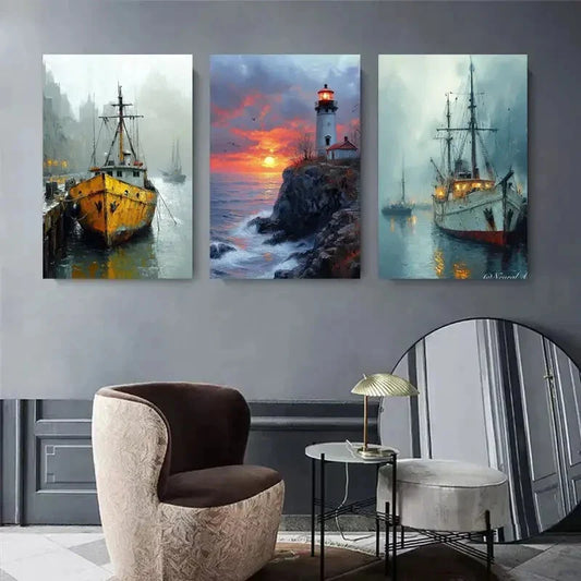 3pcs Coastal Sunset, Ocean Waves, Vintage Ships Metal Print Ready to Hang Art