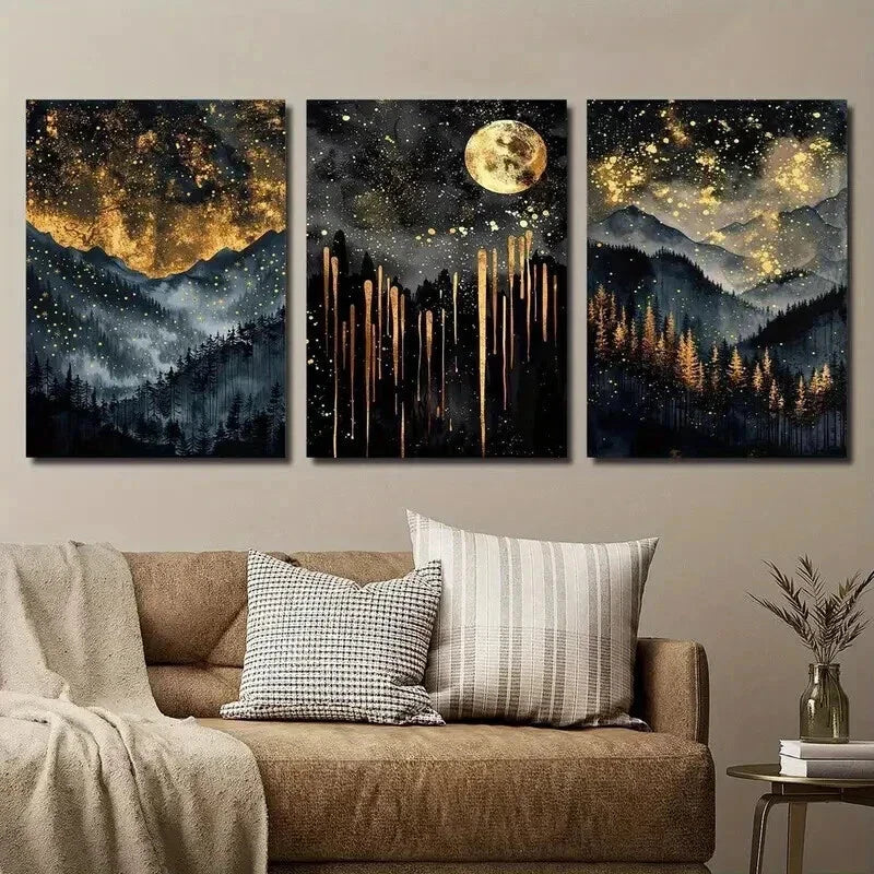 3pcs Abstract Starry Black and Golden Sky Wall Art Set Canvas Framed 40x60cm - High Quality Print 100% Australian Made Wall Canvas Ready to Hang