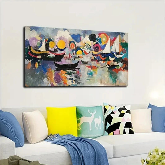 Impressionist Sailboat Scene Wall Art canvas office home room framed 120x60cm