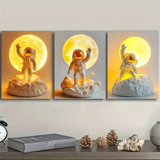 3pcs Astronauts on the Moon Metal Print Ready to Hang Art