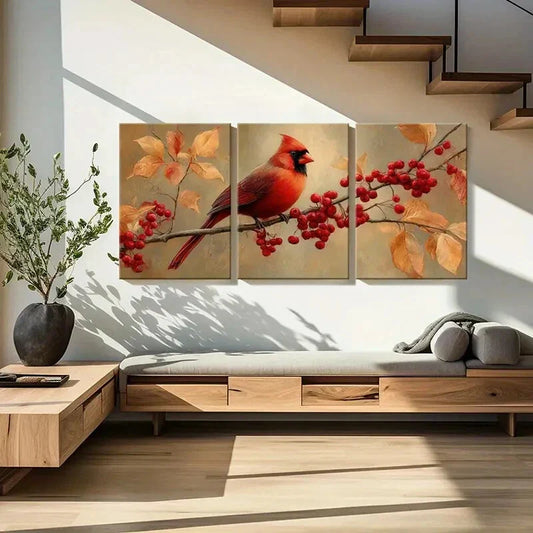 3pcs Cardinal Bird Red Berries Autumn Leaves Metal Print Ready to Hang Art