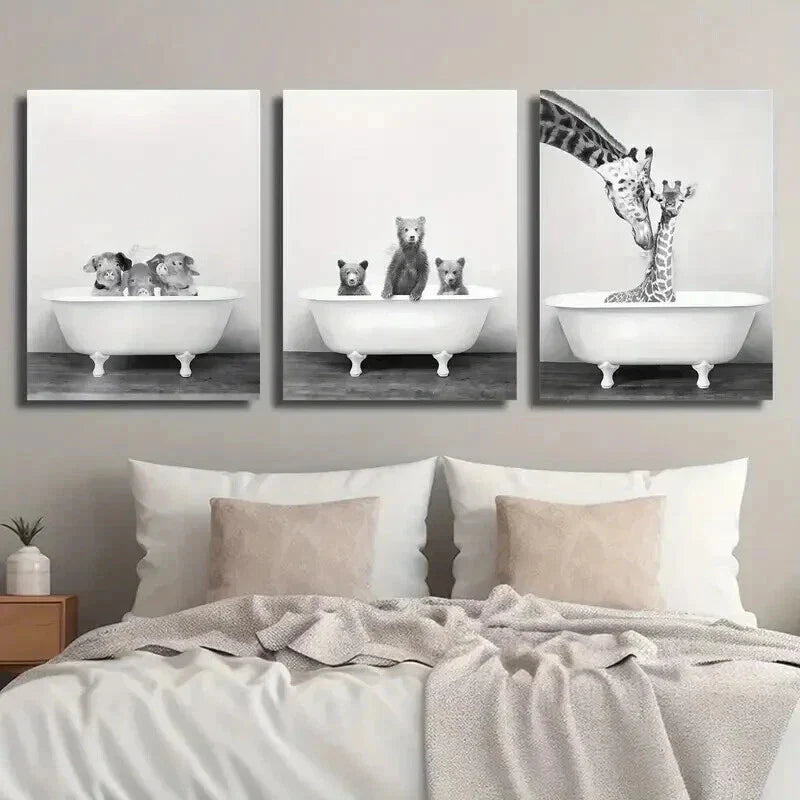 3pcs Pigs Bears and Giraffes in Bathtubs Wall Art Set Canvas Framed 40x60cm - High Quality Print 100% Australian Made Wall Canvas Ready to Hang