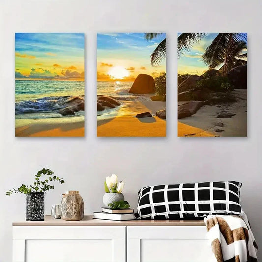 3pcs Serene Beach Scene with Rocks and Palm Trees Metal Print Ready to Hang Art