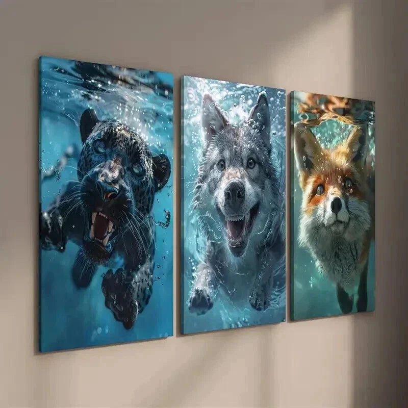 3pcs Swimming Underwater Black Panther Wolf Fox Wall Art Set Canvas Framed 40x60cm - High Quality Print 100% Australian Made Wall Canvas Ready to Hang
