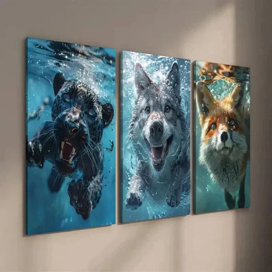 3pcs Swimming Underwater Black Panther Wolf Fox Wall Art Set Canvas Framed 40x60cm - High Quality Print 100% Australian Made Wall Canvas Ready to Hang