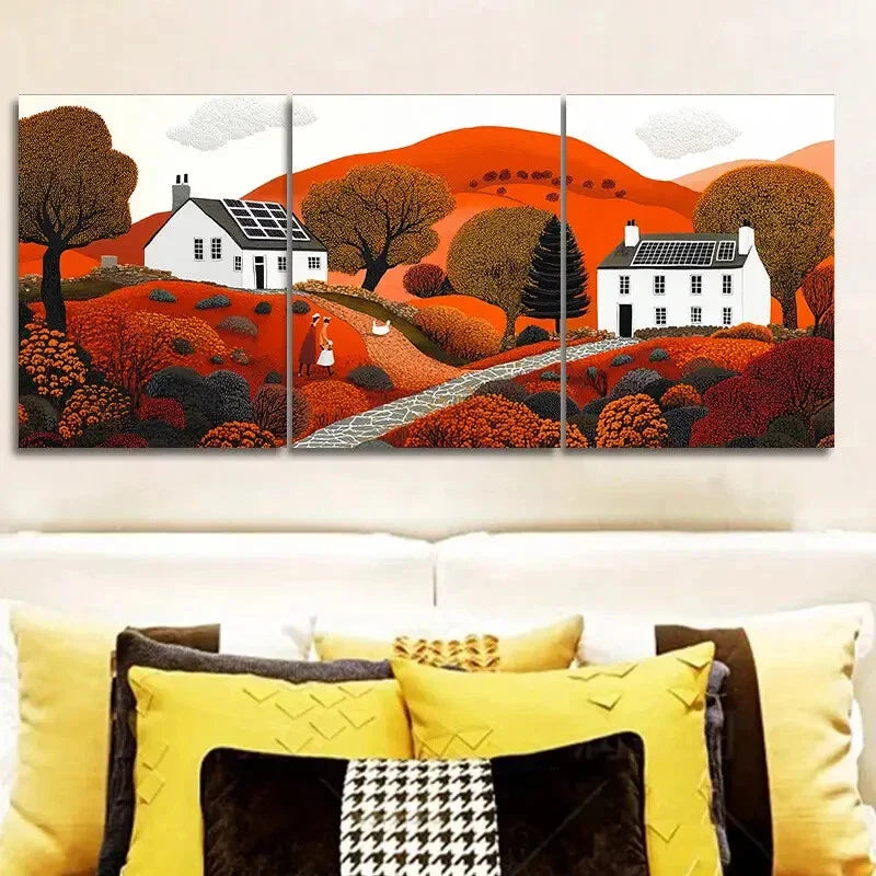 3pcs Colorful Autumn Sun House Perfect Wall Art Set Canvas Framed 40x60cm - High Quality Print 100% Australian Made Wall Canvas Ready to Hang