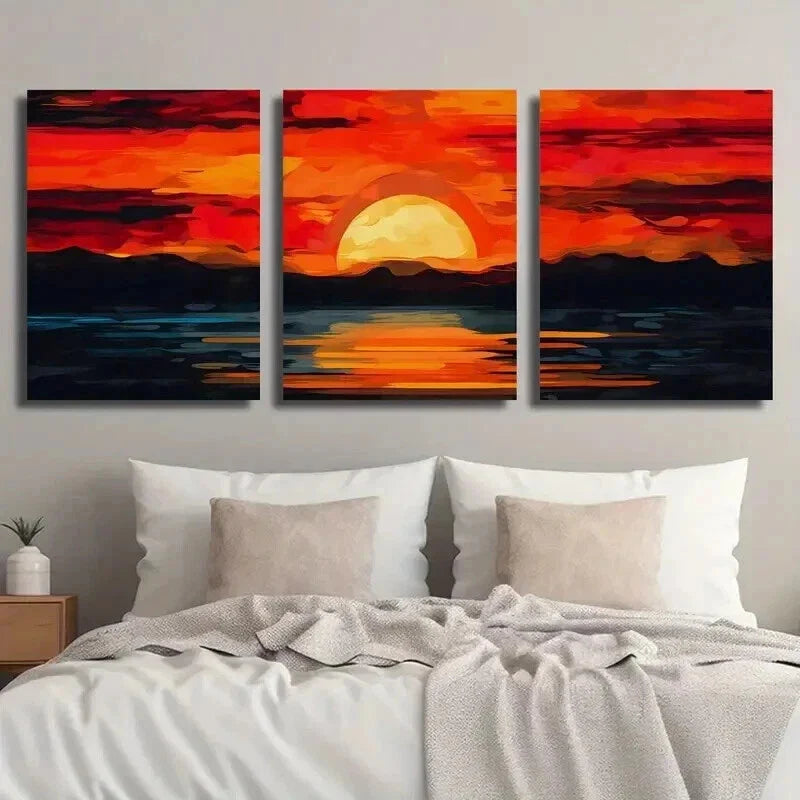 3pcs Red & Orange Sunset Scenery with Mountains Wall Art Set Canvas Framed 40x60cm - High Quality Print 100% Australian Made Wall Canvas Ready to Hang