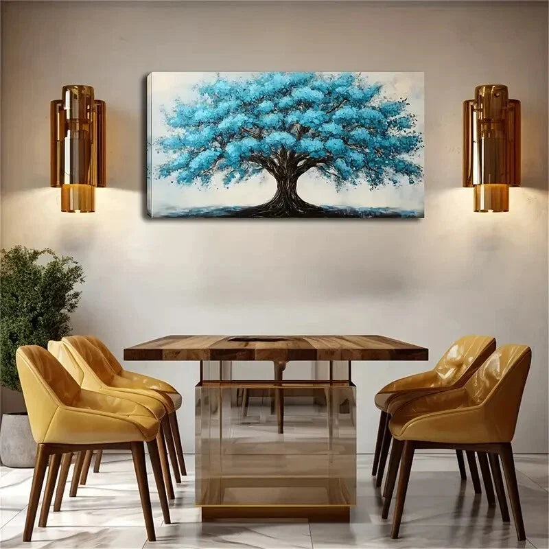 Huge Tree with Blue Leaves Wall Art Canvas Office Home Room Framed 120x60cm