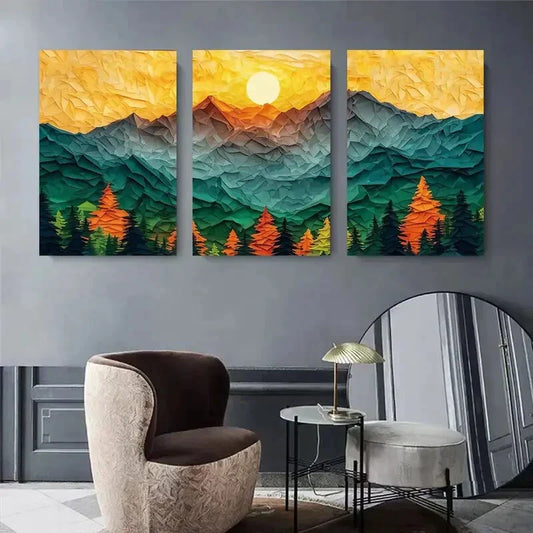 3pcs Vibrant Abstract Sunset Over Forest Metal Print Ready to Hang Art